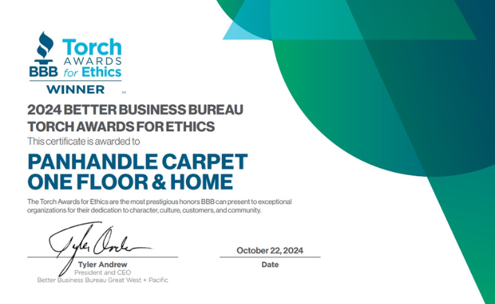 Certification from the Better Business Bureau certifying Panhandle Carpet One's Torch Award for Ethics.